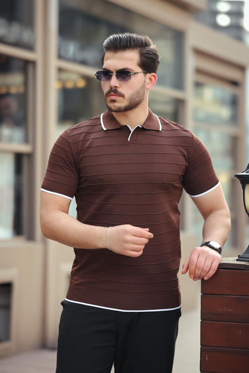 Kahverengi Kabartma Çizgi Polo Yaka Triko Tişört- 2403