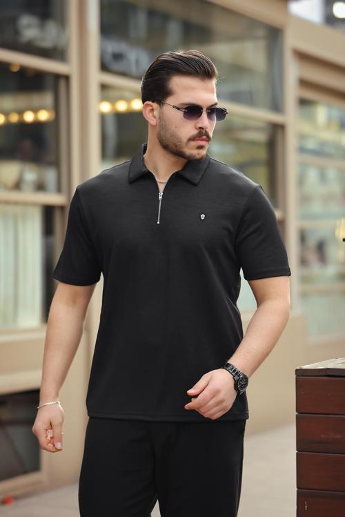Siyah Basic Fermuar Detaylı Polo Yaka Kısa Kollu Tişört 2501