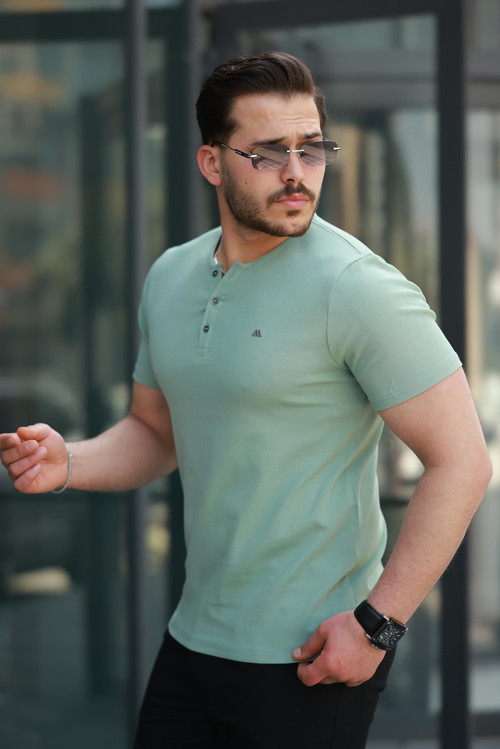 Su Yeşili Önü Düğmeli Sıfır Yaka Kısa Kollu Regular Fit Tişört- 2510
