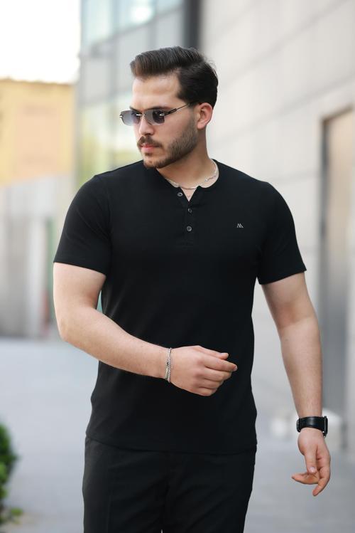 Siyah Önü Düğmeli Sıfır Yaka Kısa Kollu Regular Fit Tişört- 2510
