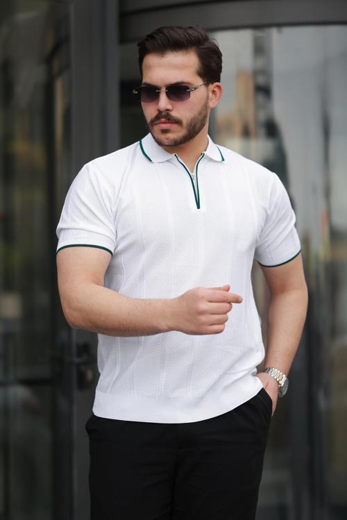Beyaz Petek Dokulu Fermuarlı Polo Yaka Triko Kısa Kollu Tişört 2511