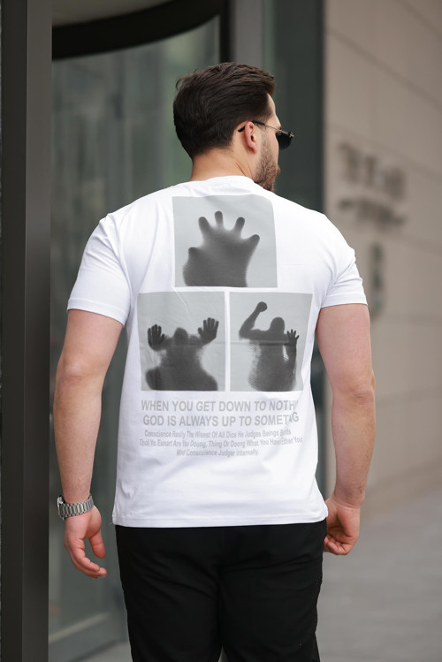 Beyaz Sırtı Baskı Detaylı Sıfır Yaka Oversize Kısa Kollu Tişört -2507