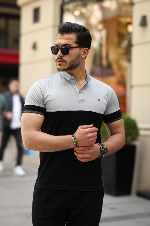 Siyah Gri Kagi Ston Parçalı Polo Yaka Kısa Kollu Tişört- 2402