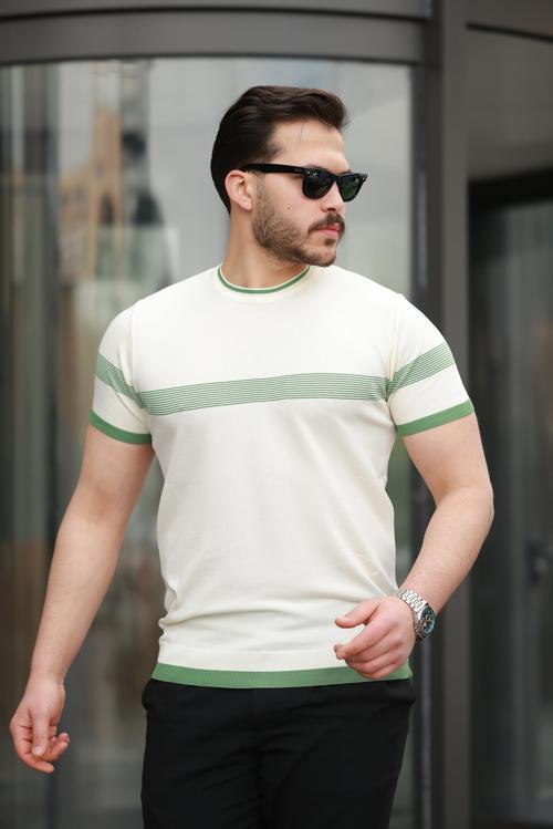 Ekru Sıfır Yaka Çizgili Triko Tişört- 2418
