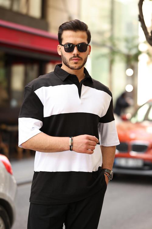 Siyah Beyaz Polo Yaka Blok Parçalı Oversize Tişört- 2410