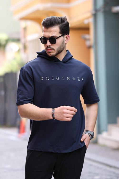 Lacivert Originals Nakışlı Kapşonlu İki İplik Kısa Kollu Tişört- 2404