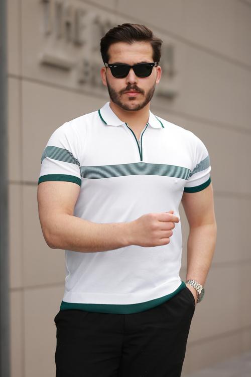 Beyaz Çizgili ve Fermuar Detalı Polo Yaka Triko Kısa Kollu Tişört 2512