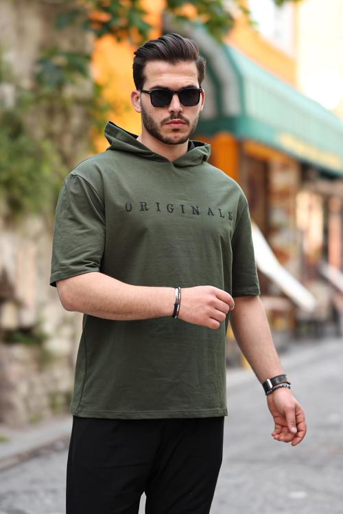 Haki Originals Nakışlı Kapşonlu İki İplik Kısa Kollu Tişört- 2404