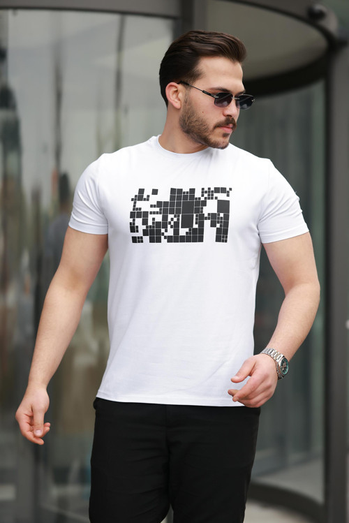 Beyaz Baskılı Sıfır Yaka Regular Fit Kısa Kollu Tişört -2509
