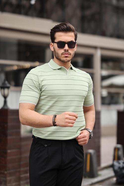Su Yeşili Kabartma Çizgi Polo Yaka Triko Tişört- 2403