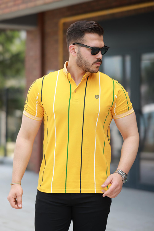 Hardal Dikey Çizgili Polo Yaka Kısa Kollu Tişört- 2502