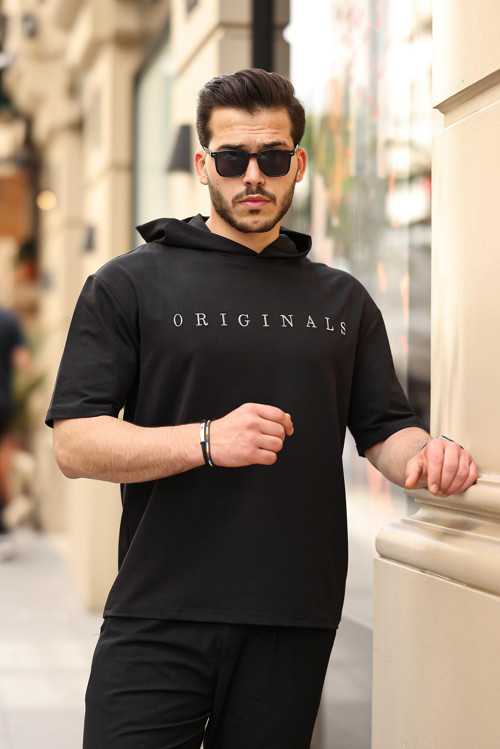 Siyah Originals Nakışlı Kapşonlu İki İplik Kısa Kollu Tişört- 2404