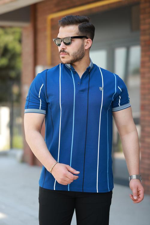 İndigo Dikey Çizgili Polo Yaka Kısa Kollu Tişört- 2502