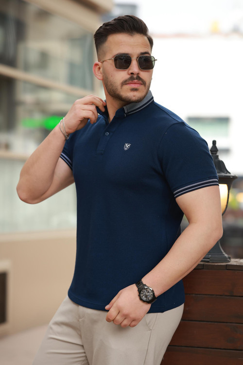 Lacivert Logo Nakışlı Polo Yaka Kısa Kollu Tişört -2518