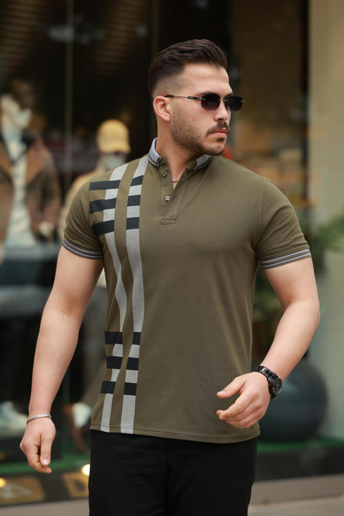 Haki Baskı Detaylı Polo Yaka Kısa Kollu Tişört -2519