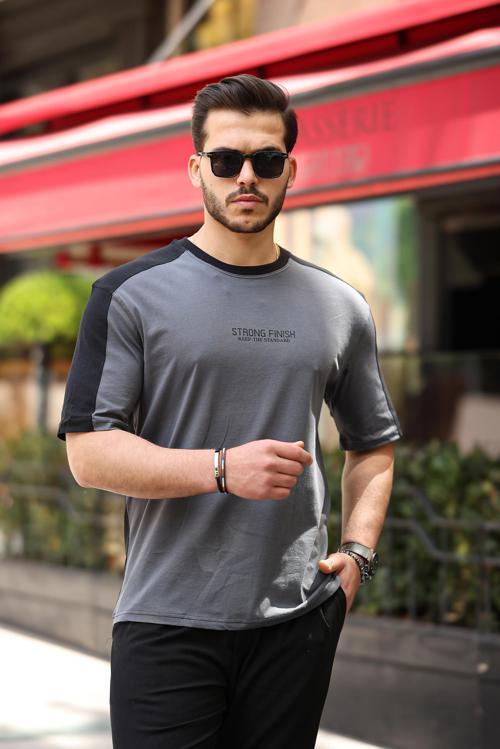 Füme Siyah Strong Finish Baskılı Oversize Kısa Kolu Tişör 2411