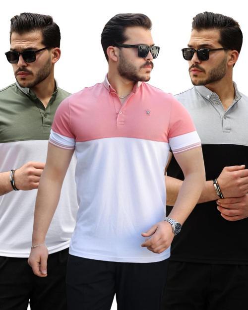 Pembe Gri Haki Ston Parçalı Üçlü Paket  Polo Yaka Kısa Kollu Tişört- 2521