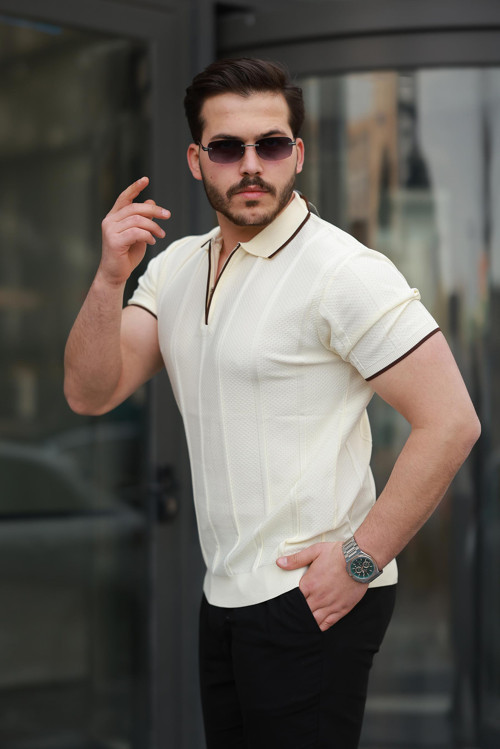 Ekru Petek Dokulu Fermuarlı Polo Yaka Triko Kısa Kollu Tişört 2511