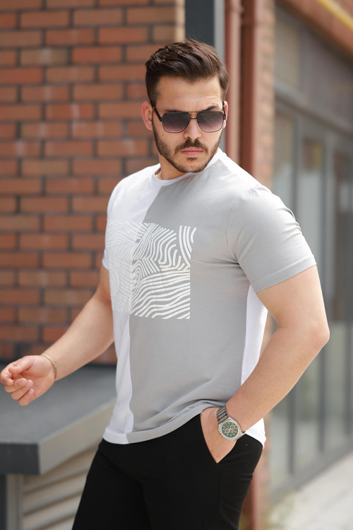 Beyaz Gri Mavisi Çizgi Baskılı Regular Fit Sıfır Yaka Kısa Kollu Tişört-2522