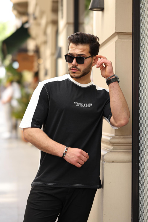 Siyah Beyaz Strong Finish Baskılı Oversize Kısa Kolu Tişört- 2411