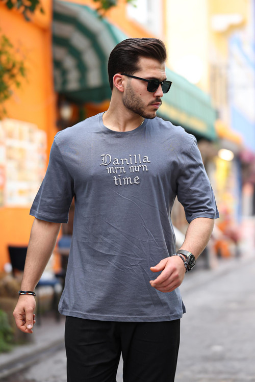 Füme Ön Arka Nakışlı Oversize Kısa Kollu Tişört- 2422