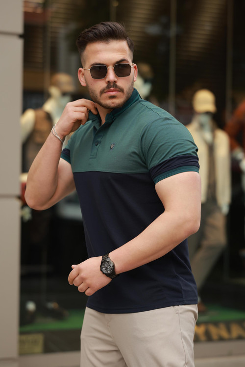 Nefti Lacivert Kagi Ston Parçalı Polo Yaka Kısa Kollu Tişört- 2402