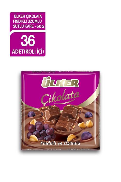 Kare Çikolata Üzümlü Fındıklı Sütlü 60 Gr x 36 Adet