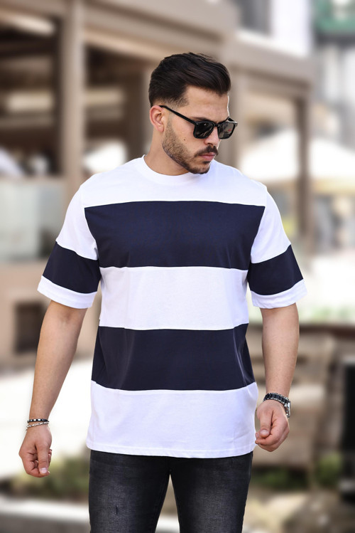 İki Renk Kısa Kollu Tişört Oversize- Lacivert Beyaz- 2421