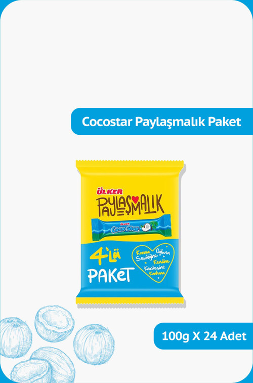 COCOSTAR Hindistan Cevizli Sütlü Çikolata Kaplamalı Bar - 4'lü Paket - 100 gram - 24 Adet