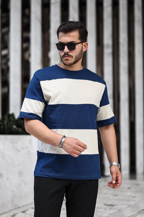 İki Renk Kısa Kollu Tişört Oversize- Petrol- Bej- 2421
