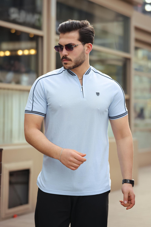 Buz Mavisi Kolej Yaka Yarım Fermuarlı Kısa Kollu Tişört- 2408