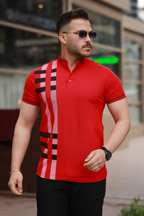 Kırmızı Baskı Detaylı Polo Yaka Kısa Kollu Tişört -2519