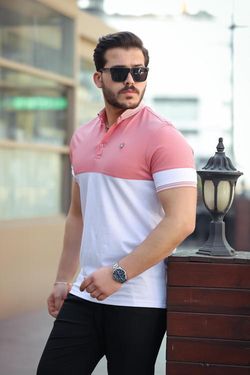 Pembe Beyaz Kagi Ston Parçalı Polo Yaka Kısa Kollu Tişört- 2402
