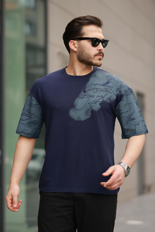 Lacivert Kol Baskı Detaylı Sıfır Yaka Oversize Kısa Kollu Tişört -2506