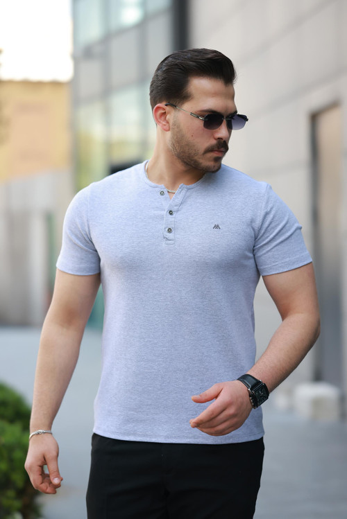 Gri Önü Düğmeli Sıfır Yaka Kısa Kollu Regular Fit Tişört- 2510
