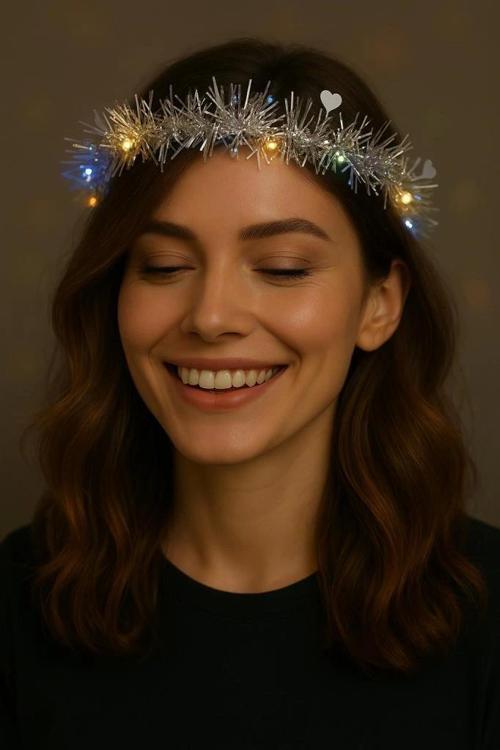 Nessiworld Kalp Püsküllü Gece Parıltısı 3 Modlu LED'li Işıklı Taç Gümüş Renk