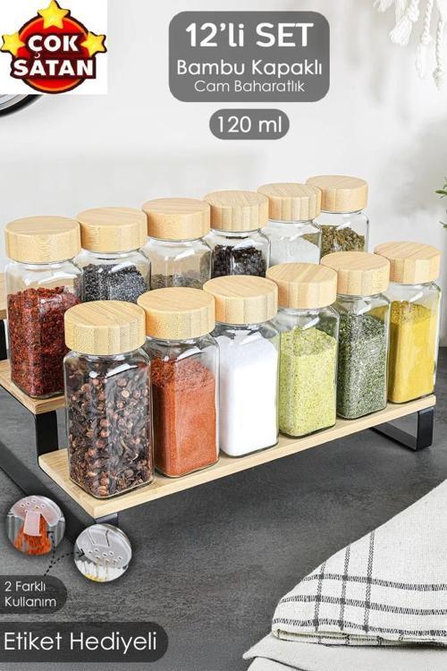 12’li Bambu Kapaklı Kare Formlu Cam Baharatlık Seti 120ml 16 Adet Etiket Hediye