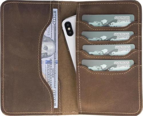 Leony 6.1 inch Uyumlu Deri Kartlıklı Kılıf PH03 Açık Kahve