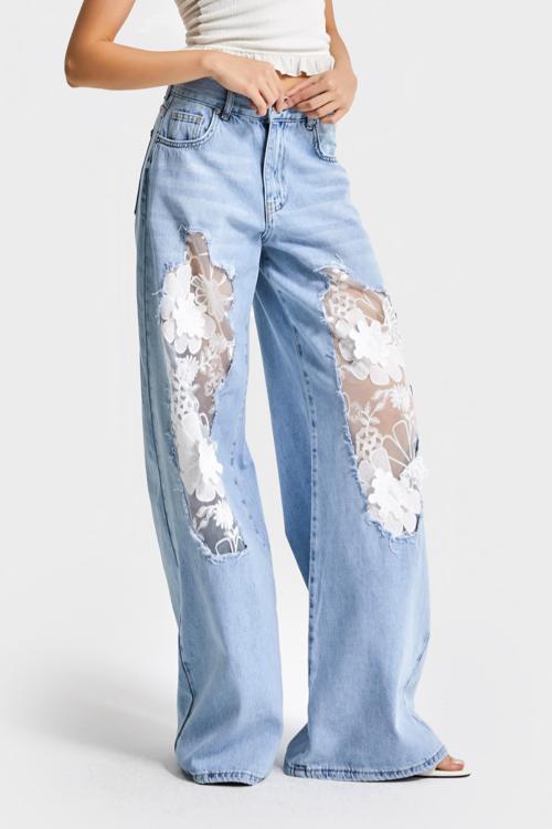 Kadın Mavi Renk 12s5-27 Palazzo Fit Çiçekli Tül Dantel Detaylı %100 Koton Özel Tasarım Denim Jean