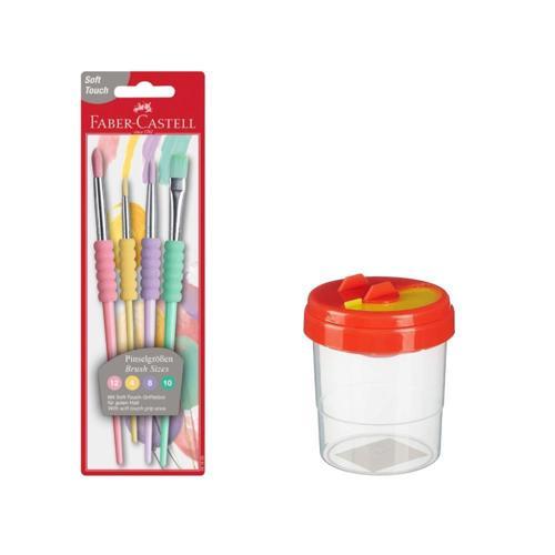 Fırça Seti 4 lü Pastel Renkli ve Fırça Temizleme Kabı 1 Adet Faber Castell Fırça Takımı
