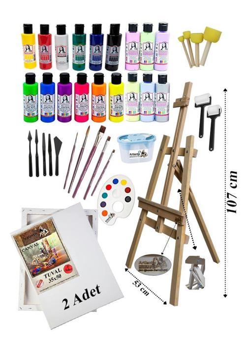 Çocuk Şövale Akrilik Boya Resim Seti Monalisa 18 Renk 70 ml Akrilik Boya 2 Tuval 35x50 Fırça Spatula