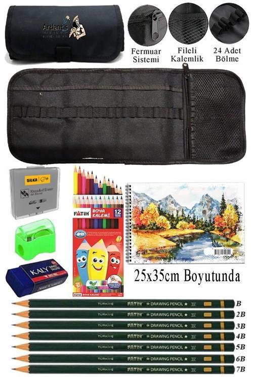 Resim Defteri 25x35 cm 12 Renk Kuru Boya Dereceli Kurşun Kalem Rulo Kalemlik 24 Bölmeli Hamur Silgi Kalemtraş Görsel