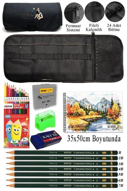 Resim Defteri 35x50 cm 12 Renk Kuru Boya Dereceli Kurşun Kalem Rulo Kalemlik 24 Bölmeli Hamur Silgi Kalemtraş Görsel