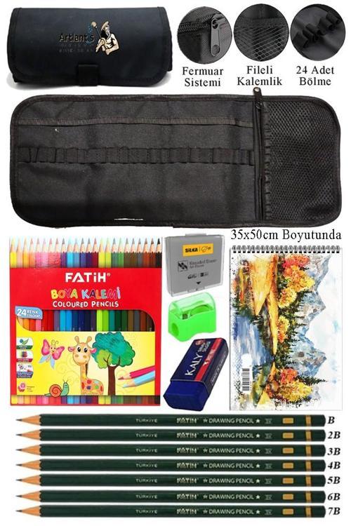 Resim Defteri 35x50 cm 24 Renk Kuru Boya Dereceli Kurşun Kalem Rulo Kalemlik 24 Bölmeli Hamur Silgi Kalemtraş Görsel