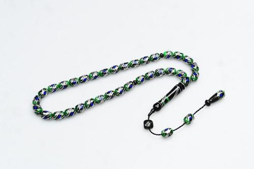 Oltu Taşı ve Yeşil Galalith  Çift Çeşmi İşlemeli Tespih