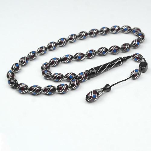 Oltu Taşı ve  Kırmızı Galalith Çift Çeşmi İşlemeli Tespih