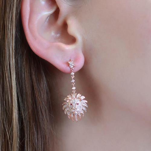 Aslan Başlı Zirkon Taşlı Rose Gold Kaplama Gümüş Küpe