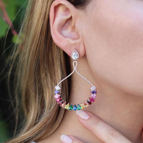 Renkli Zirkon Taşlı Damla Modeli Rose Gold Kaplama Gümüş Küpe