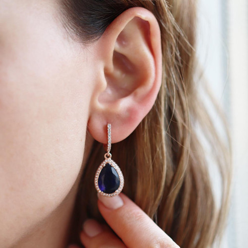 Kök Safir Taşlı Rose Gold Kaplama Damla Gümüş Küpe