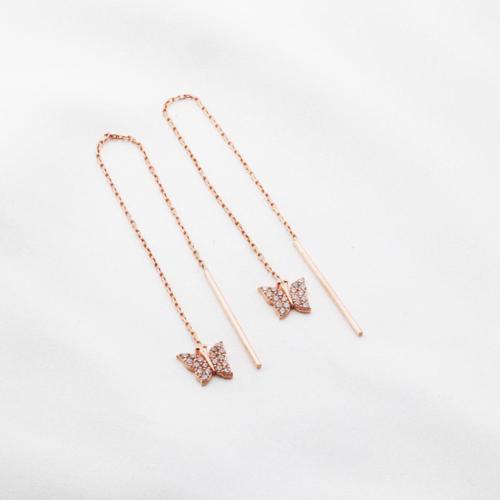 Kelebek Zirkon Taşlı Rose Gold Kaplama Gümüş Zincir Küpe